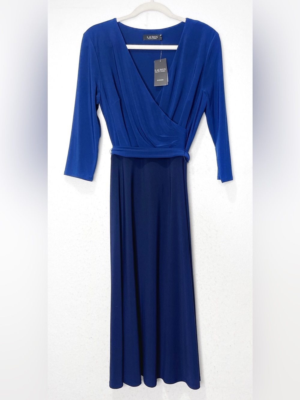 Lauren Ralph Lauren Surplice Navy Royal Two-Tone Wrap Midi Dress Size 10 NWT